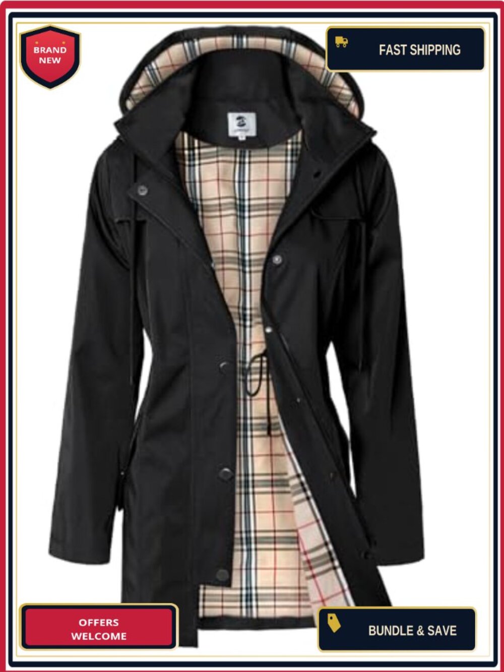 Women's Long Hooded Rain Jacket Water-Resistant Windbreaker Outdoor Coat
